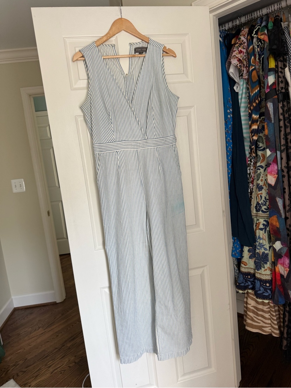 Striped Sleeveless Jumpsuit in Light Blue and White
